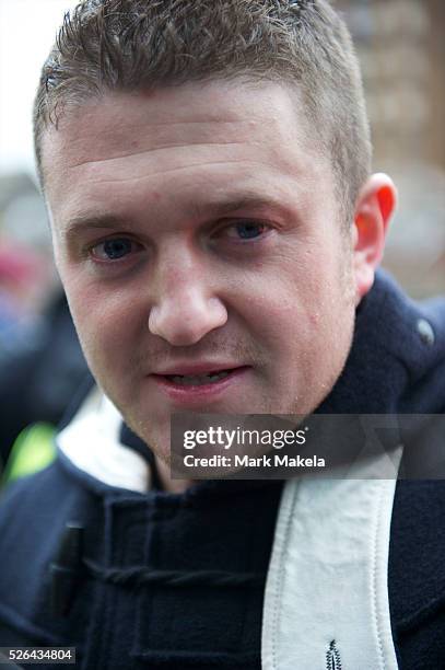 English Defence League founder Tommy Robinson protests in Luton, Hertfordshire, England on February 5, 2011. Approximately 3,000 protestors gathered...