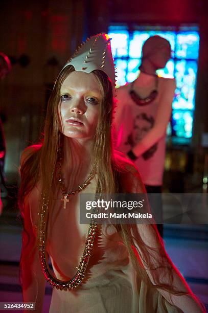 Models exhibit the Maria Francesca Pepe autumn 2011 collection during a presentation at Freemason's Hall in London on 22 February 2011.