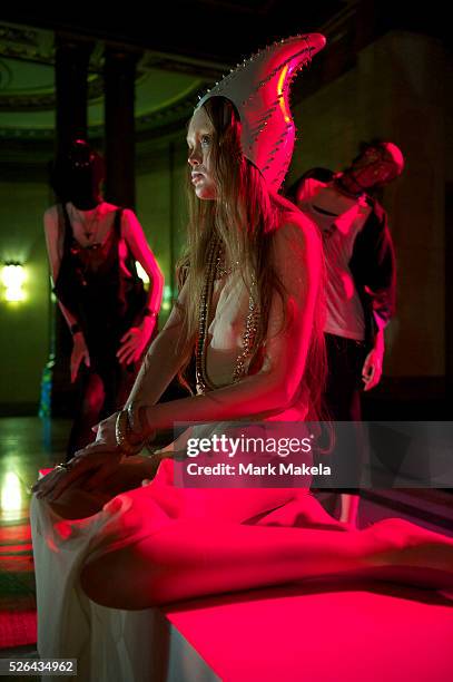 Models exhibit the Maria Francesca Pepe autumn 2011 collection during a presentation at Freemason's Hall in London on 22 February 2011.