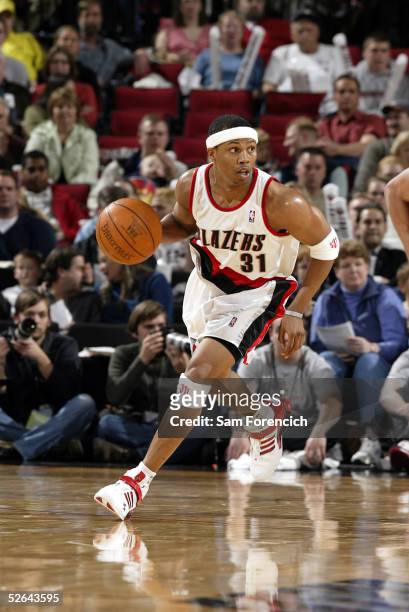Sebastian Telfair of the Portland Trail Blazers takes the ball down the court against the Utah Jazz on April 17, 2005 at the Rose Garden Arena in...