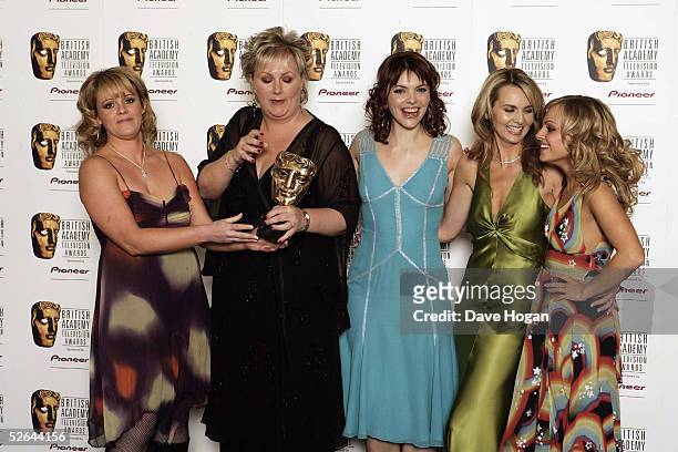Sally Lindsay, Sue Cleaver, Kate Ford, Debra Stephenson and Tina O'Brien of Coronation Street pose in the awards room with the Continuing Drama Award...