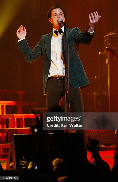 Singer Brandon Flowers of The Killers performs at the Wiltern Theatre on April 17, 2005 in Los Angeles, California.