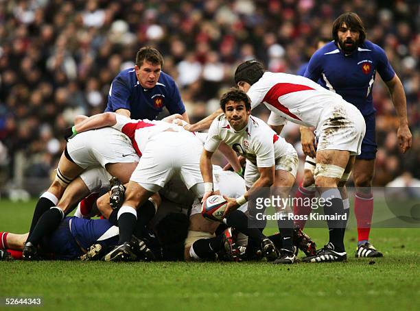 England Scrum half passes the ball from a Scrum during the RBS Six Nations International between England and France at Twickenham Stadium on February...