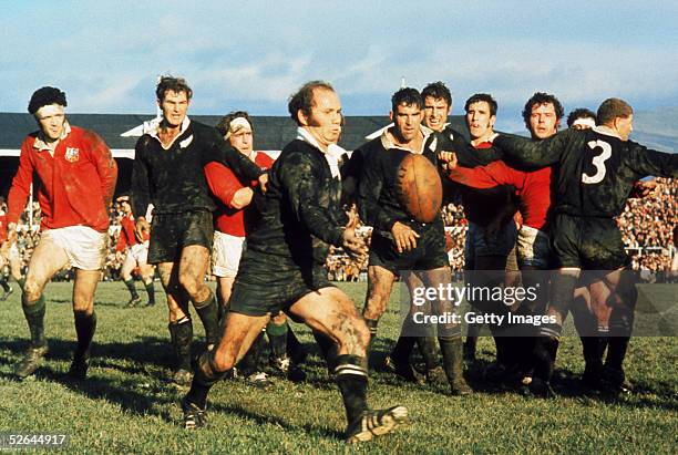 Sid Going of New Zealand clears the ball upfield during a test match on the British Lions Tour to New Zealand in 1971.