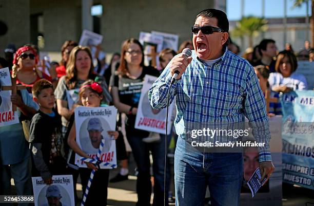 Valentin Tachiquin speaks to supporters about the death of his daughter Munique Tachiquin, by a Border Patrol agent, during a rally at the...