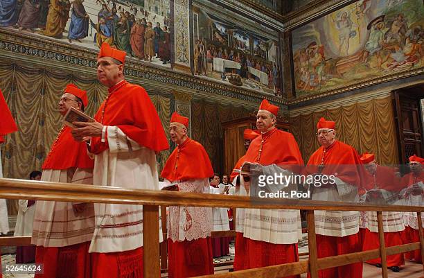 Cardinals of the Catholic Church enter the Sistine Chapel to begin deliberations to elect a new pope on April 18, 2005 at the Vatican, Vatican City....
