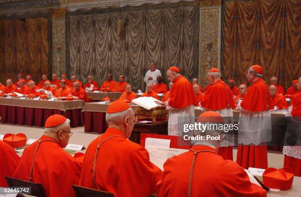 Cardinals of the Catholic Church attend the election conclave in the Sistine Chapel on April 18, 2005 at the Vatican, Vatican City. The 115 Cardinals...