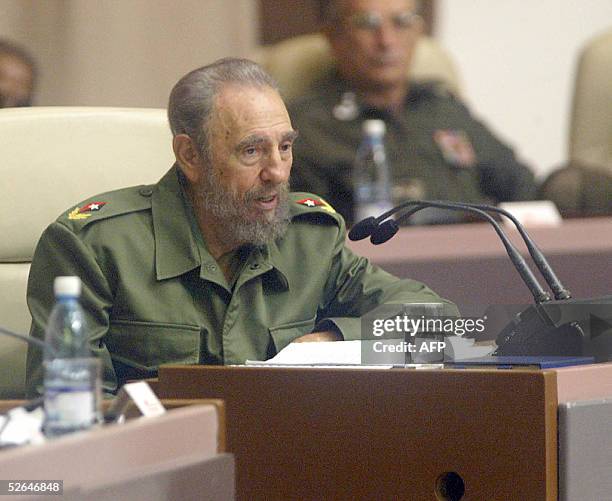 Cuban President Fidel Castro speaks 18 April, 2005 at the Palace of Conventions in Havana. Castro said that Cuba do not want to join the OAS and...