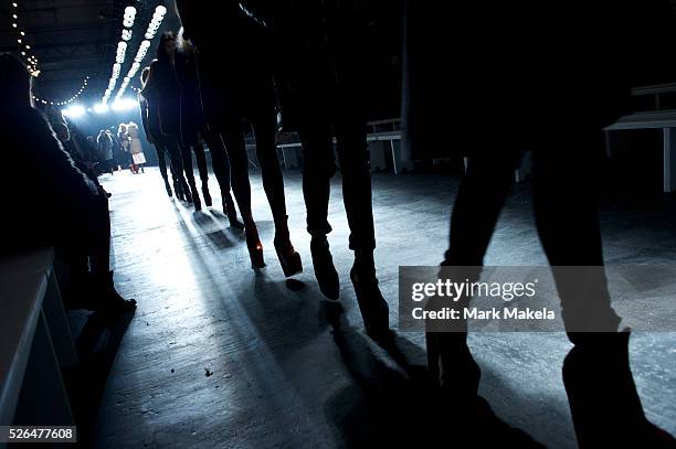 Models participate in a run through before the Charles Anastase autumn 2011 collection at the Old Sorting Office in London on 19 February 2011.
