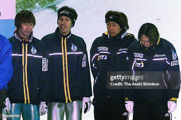 Fourth finish Japan members Masahiko Harada, Noriaki Kasai, Hideharu Miyahira and Takanobu Okabe are seen after Ski Jumping Team of the FIS Nordic...