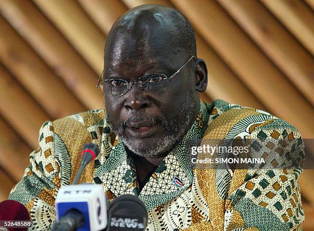 Chairman of the Sudanese People Liberation Movement Army John Garang, addresses delegates 19April 2005 at a major reconciliation conference in...