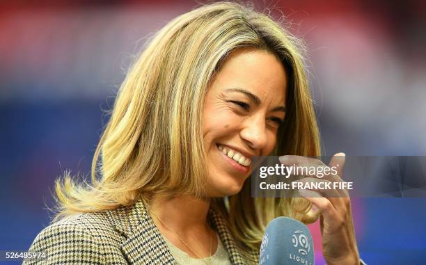 BeIN Sports journalist Anne Laure Bonnet attends the French L1 football match between Paris Saint-Germain and Rennes at the Parc des Princes stadium...