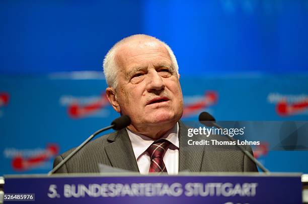 Former Czech President Vaclav Klaus speaks at the Alternative for Germany federal congress on April 30, 2016 in Stuttgart, Germany. The AfD, a...