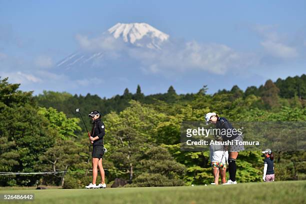 General view of the practice green with Mt. Fuji during the second round of the CyberAgent Ladies Golf Tournament at the Grand Fields Country Club on...