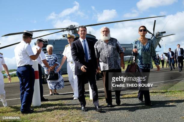 French Prime minister Manuel Valls and Overseas minister George Pau-Langevin are welcomed by president of the North Province of New Caledonia Paul...