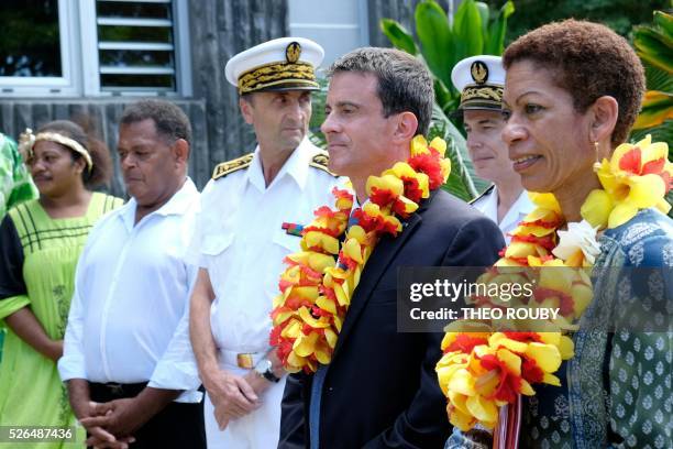 French Prime minister Manuel Valls and Overseas minister George Pau- Langevin are pictured during a welcoming ceremony at Hienghene town hall, on...