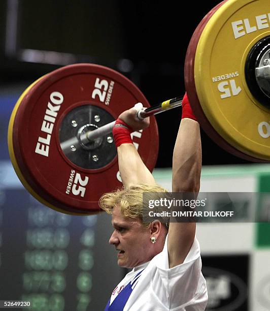 Marioara Munteanu of Romania lifts for the silver medal in the women's 53 kg during the European Weightlifting Championship in Sofia, 19 April 2005....