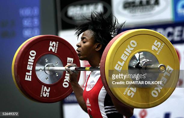 Shade Okotie-Eboh of United Kingdom competes in the women's 53 kg during the European Weightlifting Championship in Sofia, 19 April 2005. Nastassia...
