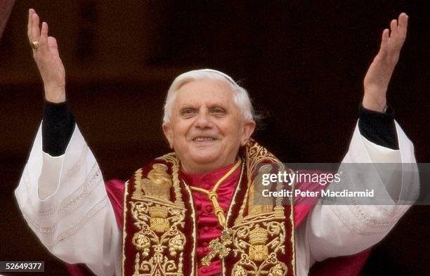 Newly elected Pope Benedict XVI appears on the central balcony of St Peter's Basilica on April 19, 2005 in Vatican City. German Cardinal Joseph...