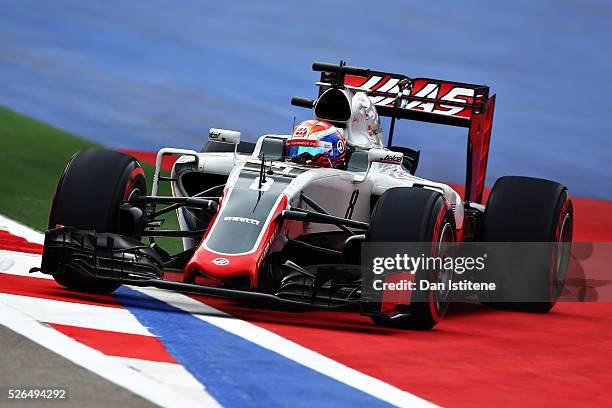 Romain Grosjean of France driving the Haas F1 Team Haas-Ferrari VF-16 Ferrari 059/5 turbo off the circuit during qualifying for the Formula One Grand...