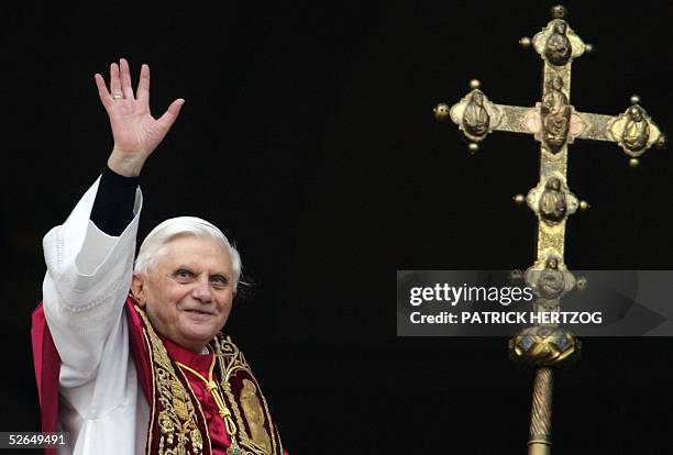 Vatican: Germany's Joseph Ratzinger, the new Pope Benedict XVI, appears at the window of St Peter's Basilica's main balcony after being elected the...