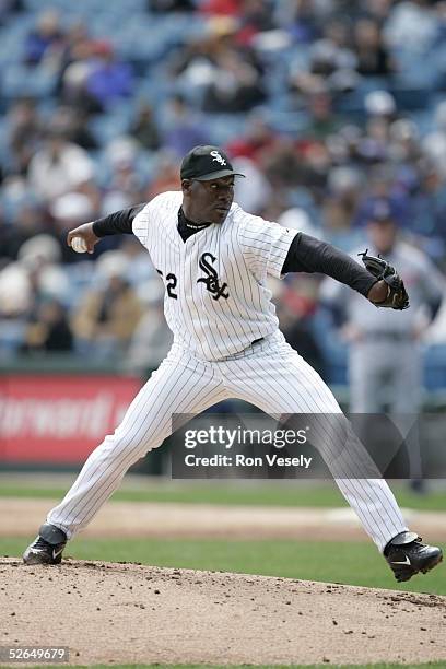 Jose Contreras of the Chicago White Sox pitches during the game against the Cleveland Indians at U.S. Cellular Field on April 7, 2005 in Chicago,...
