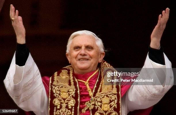 Newly elected Pope Benedict XVI appears on the central balcony of St Peter's Basilica on April 19, 2005 in Vatican City. German Cardinal Joseph...