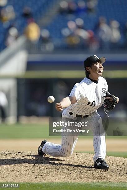 Shingo Takatsu of the Chicago White Sox pitches in the 9th inning during the game against the Cleveland Indians at U.S. Cellular Field on April 7,...