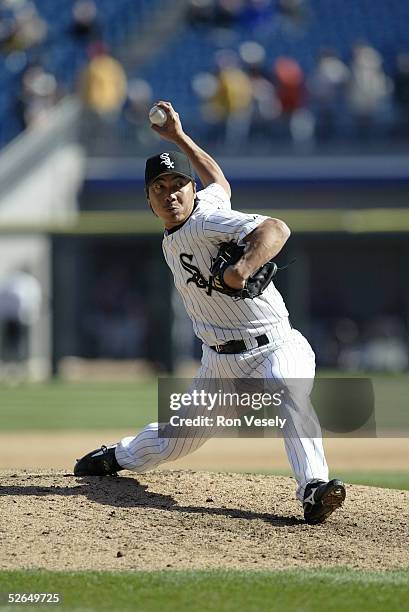 Shingo Takatsu of the Chicago White Sox pitches in the 9th inning during the game against the Cleveland Indians at U.S. Cellular Field on April 7,...