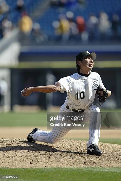 Shingo Takatsu of the Chicago White Sox pitches in the 9th inning during the game against the Cleveland Indians at U.S. Cellular Field on April 7,...
