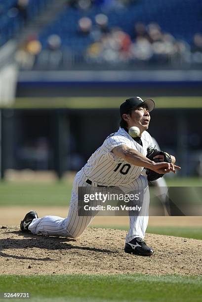 Shingo Takatsu of the Chicago White Sox pitches in the 9th inning during the game against the Cleveland Indians at U.S. Cellular Field on April 7,...