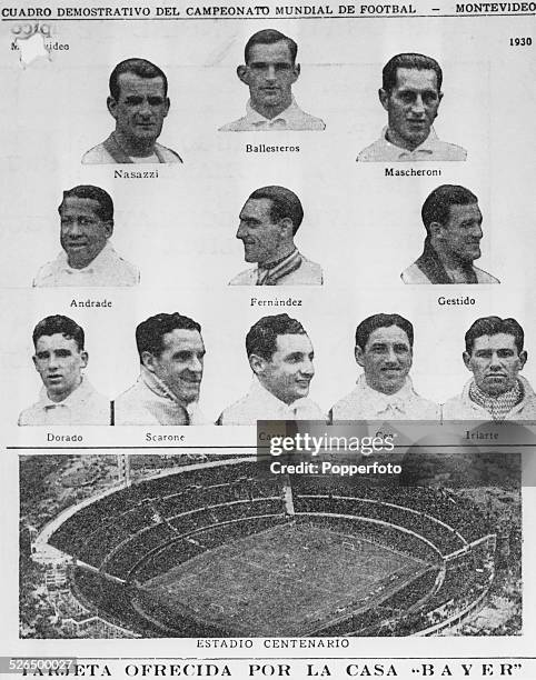 The first winners of the Jules Rimet Trophy, Uruguay, featured on an advertising card for Bayer pharmaceuticals. Shown on the card are the players...