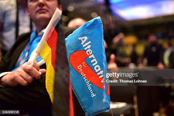 An Alternative fuer Deutschland delegate holds a German and a AfD flag at the party's federal congress on April 30, 2016 in Stuttgart, Germany. The...