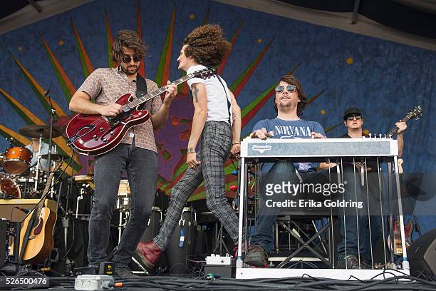Zack Feinberg, David Shaw, Ed Williams and George Gekas of The Revivalists perform at Fair Grounds Race Course on April 29, 2016 in New Orleans,...