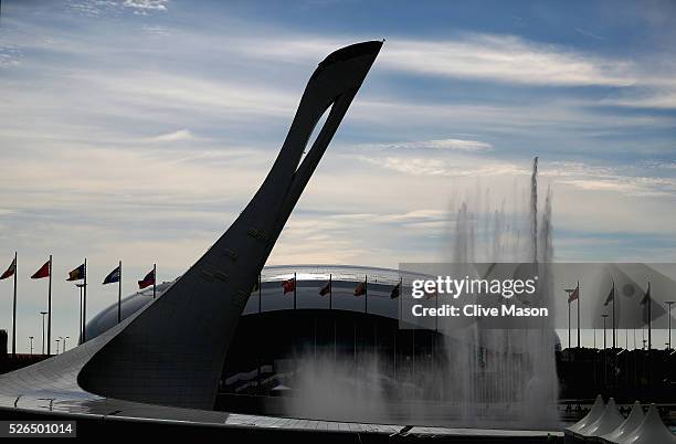 General view of the Olympic Cauldron in front of the Bolshoy Ice Dome during qualifying for the Formula One Grand Prix of Russia at Sochi Autodrom on...