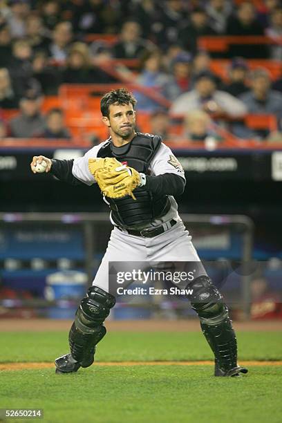 Catcher Brad Ausmus of the Houston Astros throws the ball against the New York Mets during the game at Shea Stadium on April 13, 2005 in Flushing,...