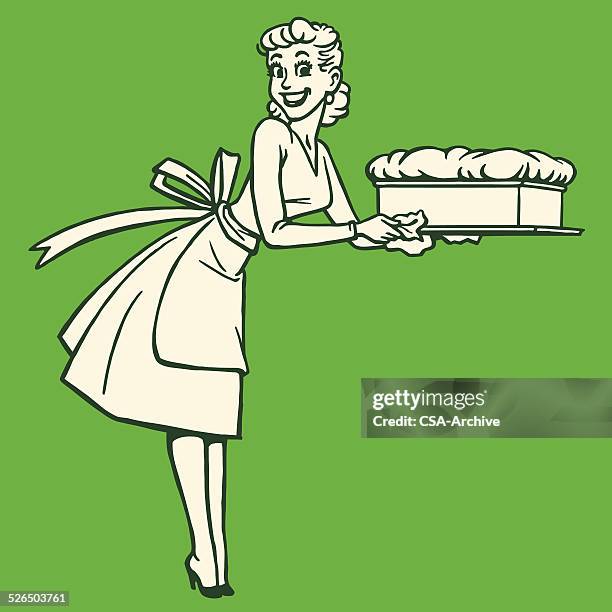 woman holding a souffle - stereotypical housewife stock illustrations