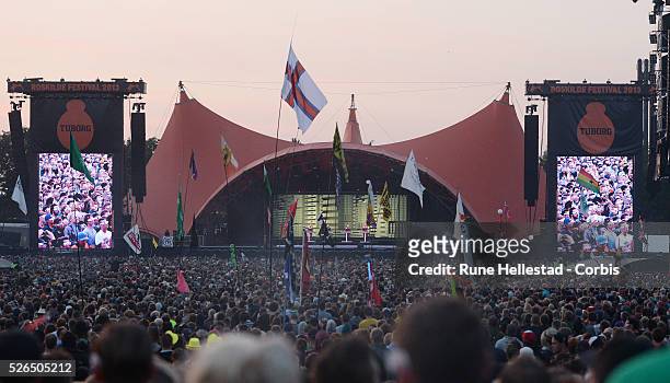 Kraftwerk perform at the Roskilde Festival.