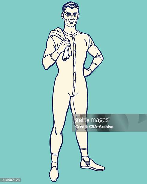 ilustrações, clipart, desenhos animados e ícones de homem vestindo longo underwear - peça íntima do vestuário