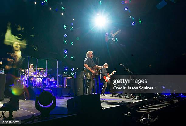Musicians Roger Daltrey and Pete Townshend of The Who perform at Sprint Center on April 29, 2016 in Kansas City, Missouri.