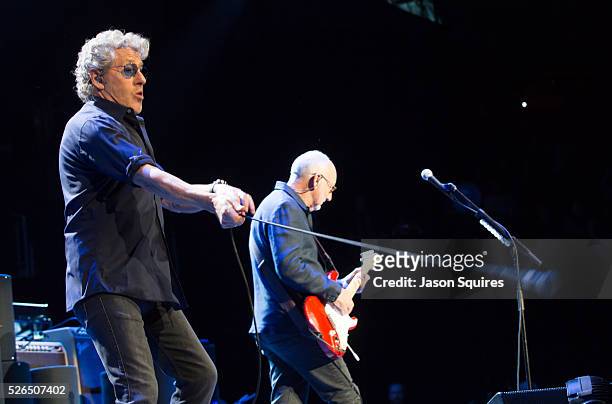 Musicians Roger Daltrey and Pete Townshend of The Who perform at Sprint Center on April 29, 2016 in Kansas City, Missouri.