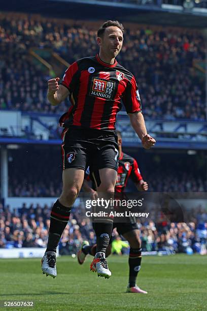 Marc Pugh of Bournemouth celebrates scoring his team's first goal during the Barclays Premier League match between Everton and A.F.C. Bournemouth at...