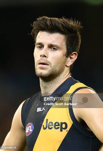 Trent Cotchin, captain of the Tigers reacts at full time after losing the round six AFL match between the Richmond Tigers and the Port Adelaide Power...