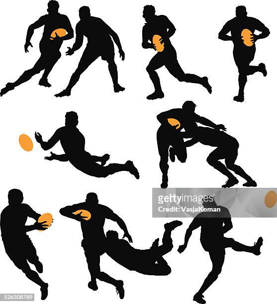 silhouettes of rugby players playing the game - rugby union stock illustrations