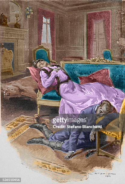Archduke Rudolf, Crown Prince of Austria , kills himself and his mistress, Baroness Mary Vetsera, in his hunting lodge at Mayerling 1889 engraving by...