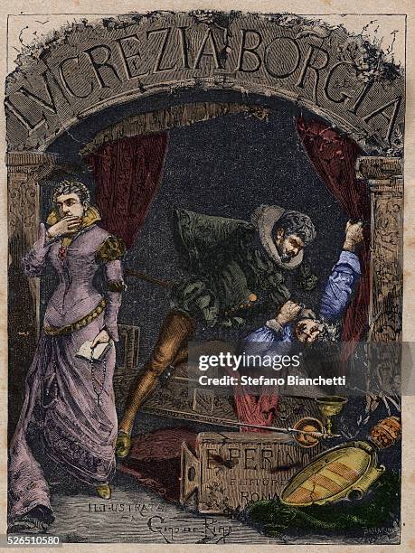 Michelotto Corella, executioner of Cesare Borgia strangle the Duke Alfonso of Aragon, husband of Lucrezia Borgia in his bed - engraving from...