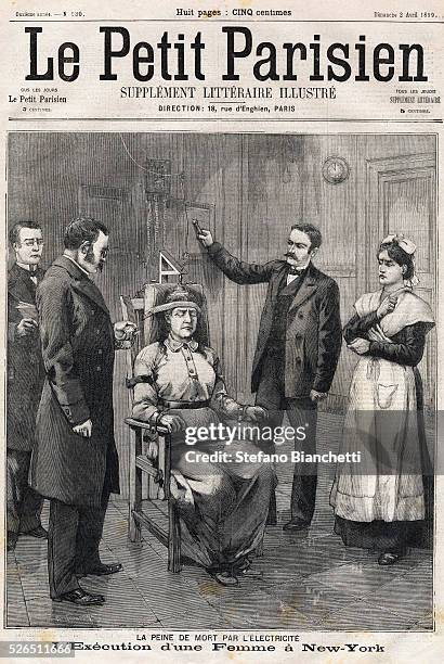 Death penalty by electrocution, Execution of a woman by electric chair, in New York, USA. Engraving. Frontpage of French newspaper Le Petit Parisien....