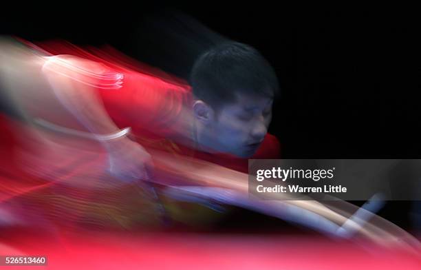 Zhang Jike of China in action against Xu Xin of China during the Men's singles final of the Nakheel Table Tennis Asian Cup 2016 at Dubai World Trade...