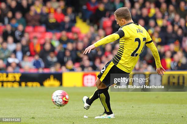 Almen Abdi of Watford scores his team's first goal from a free kick during the Barclays Premier League match between Watford and Aston Villa at...