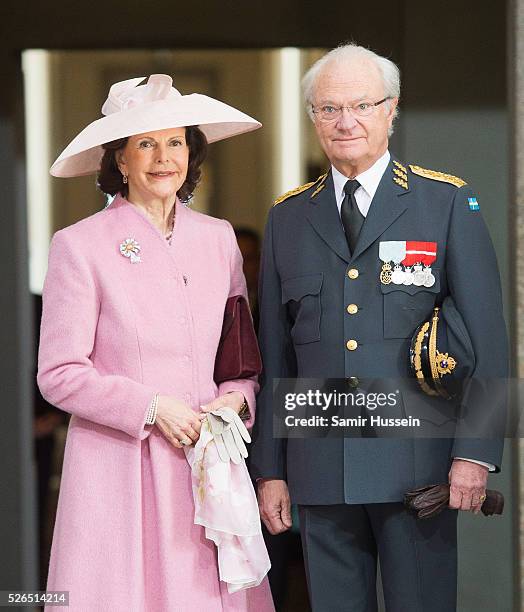 King Carl Gustaf of Sweden and Queen Silvia of Sweden arrive at the Royal Palace to attend Te Deum Thanksgiving Service to celebrate the 70th...